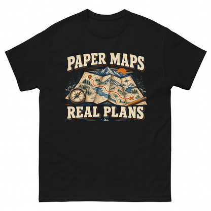 Black vintage t-shirt with Paper Maps. Real Plans printed front design