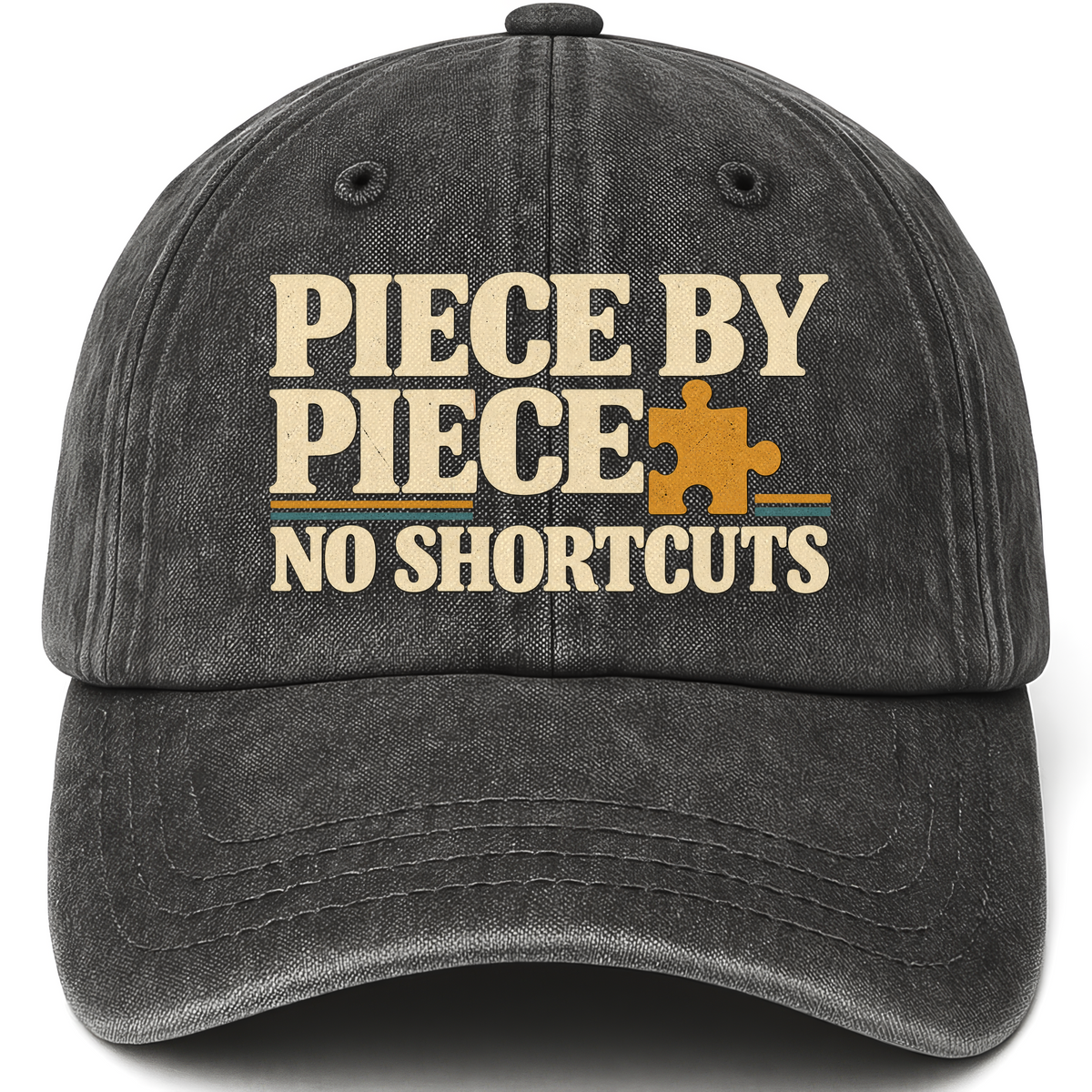 Black vintage washed cap with Piece By Piece. No Shortcuts printed front design