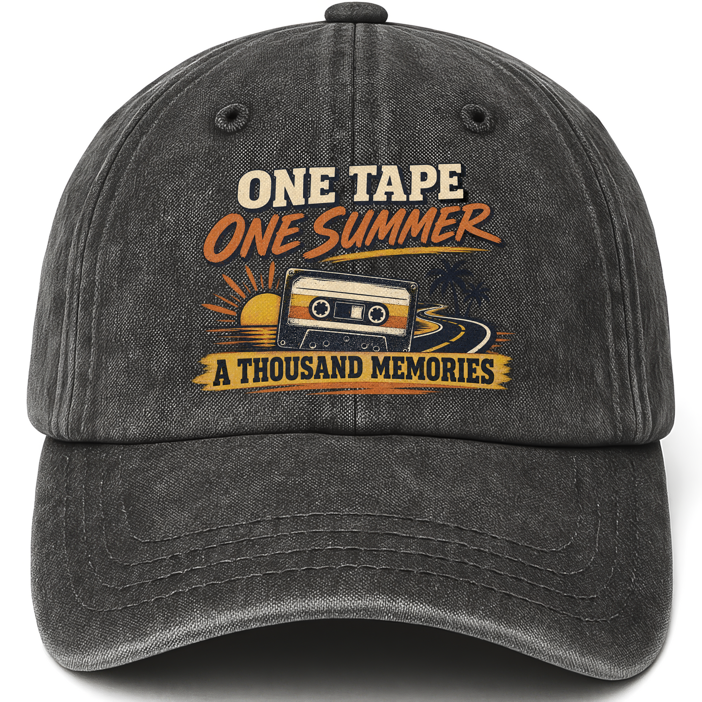 Black vintage washed cap with One Tape One Summer A Thousand Memories printed front design