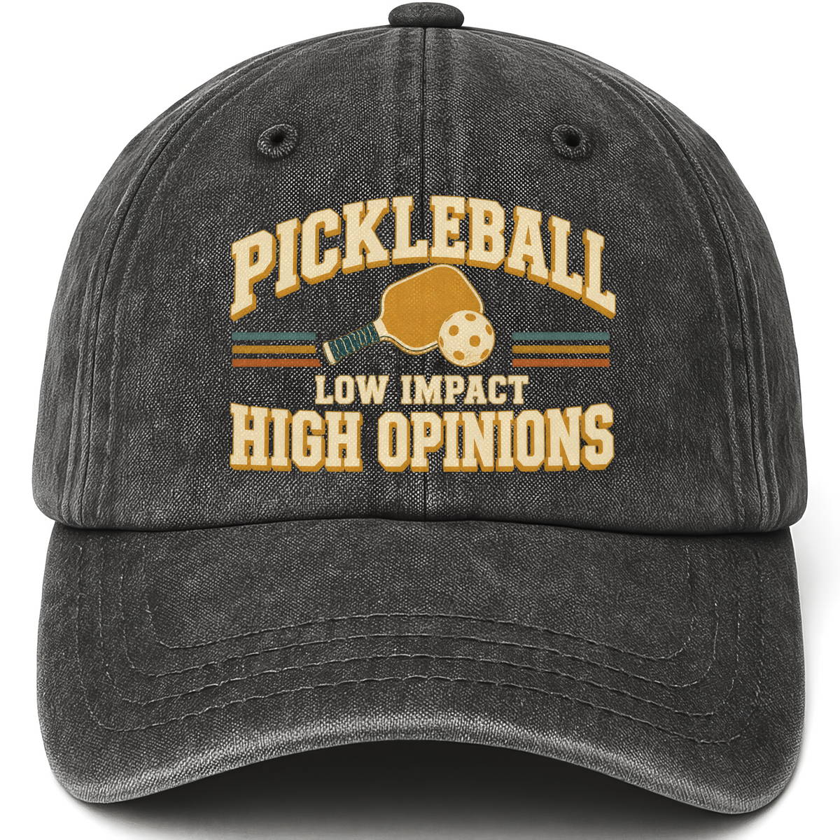 Black vintage washed cap with Pickleball Low Impact. High Opinions printed front design