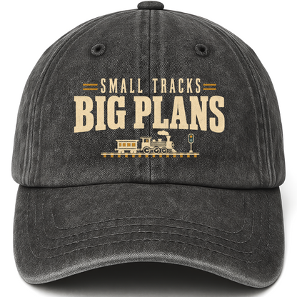 Black vintage washed cap with Small Tracks Big Plans printed front design