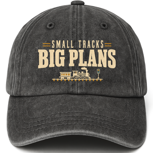 Black vintage washed cap with Small Tracks Big Plans printed front design