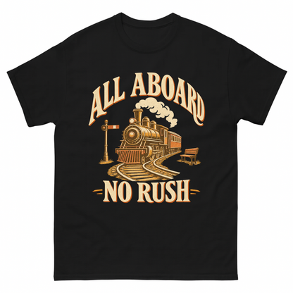 Black vintage t-shirt with All Aboard. No Rush printed front design