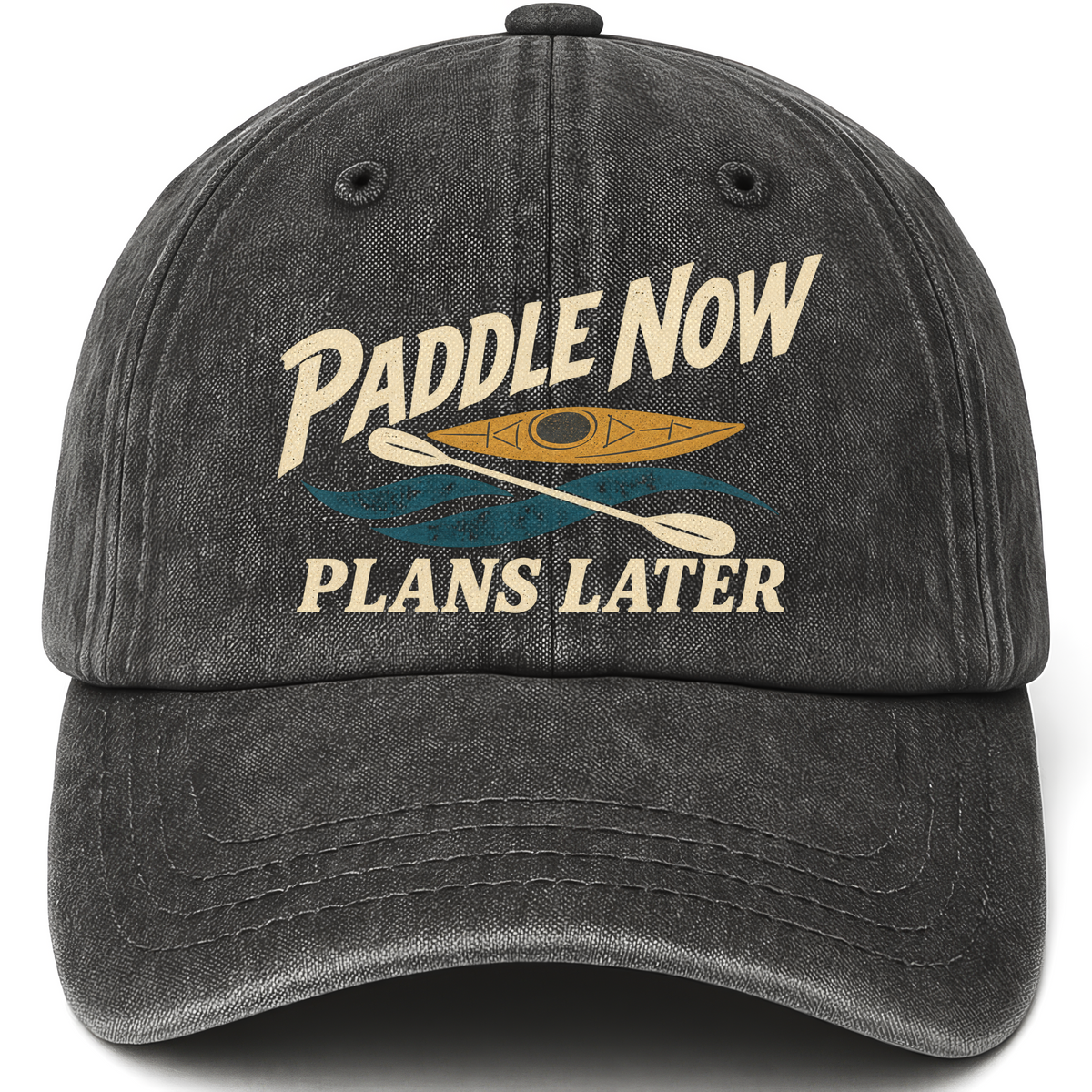 Black vintage washed cap with Paddle Now Plans Later printed front design