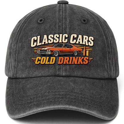 Black vintage washed cap with Classic Cars. Cold Drinks printed front design