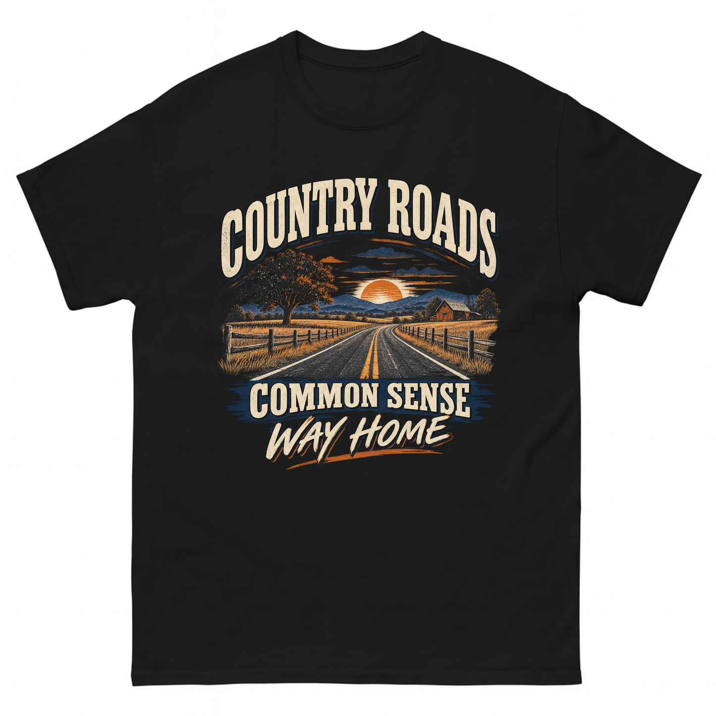 Black vintage t-shirt with Country Roads. Common Sense Way Home printed front design