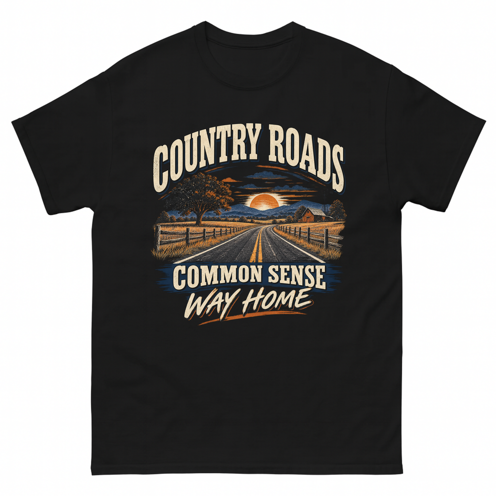 Black vintage t-shirt with Country Roads. Common Sense Way Home printed front design