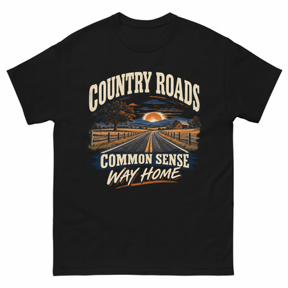 Black vintage t-shirt with Country Roads. Common Sense Way Home printed front design
