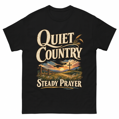 Black vintage t-shirt with Quiet Country Steady Prayer printed front design