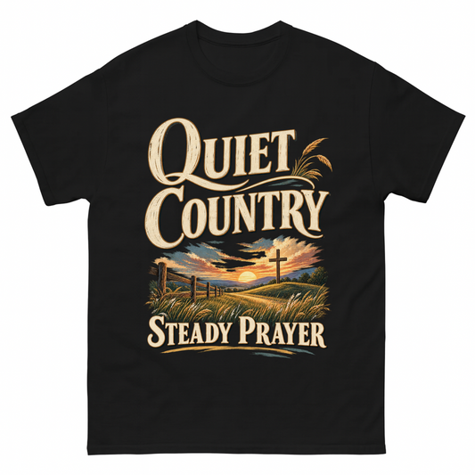 Black vintage t-shirt with Quiet Country Steady Prayer printed front design