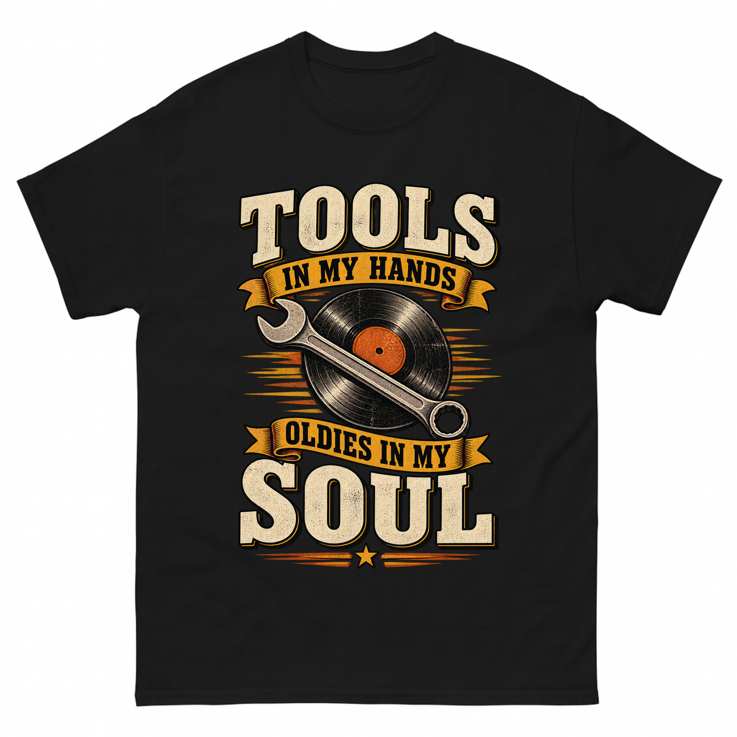 Black vintage t-shirt with 34 tools in my hands oldies in my soul ideogram 4x printed front design