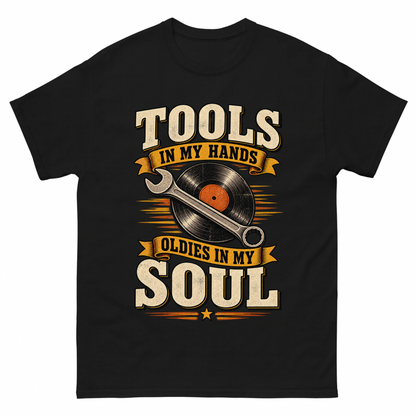 Black vintage t-shirt with 34 tools in my hands oldies in my soul ideogram 4x printed front design