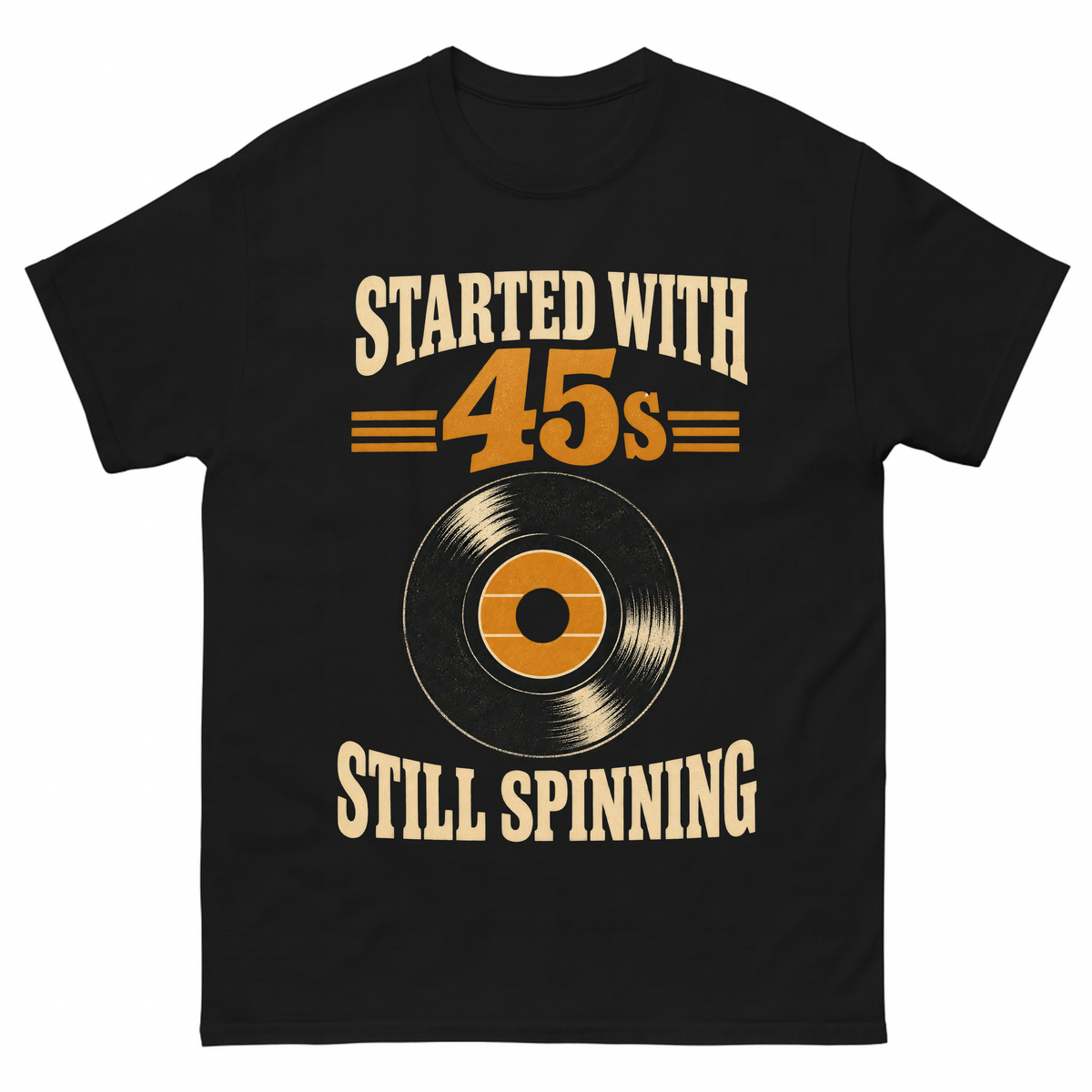 Black vintage t-shirt with Started With =45s= Still Spinning printed front design