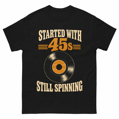 Black vintage t-shirt with Started With =45s= Still Spinning printed front design