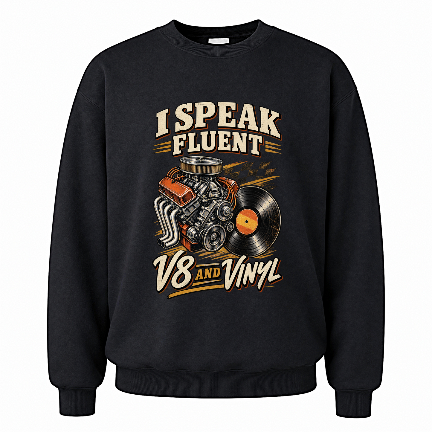 Black vintage sweatshirt with 32 v8 and vinyl ideogram 4x printed front design