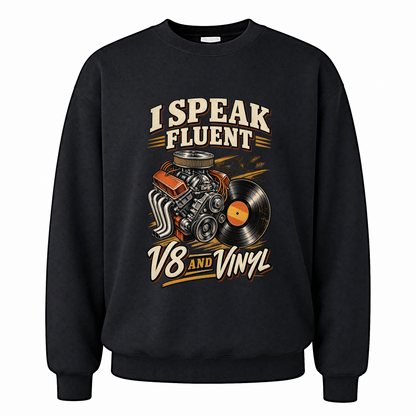 Black vintage sweatshirt with 32 v8 and vinyl ideogram 4x printed front design