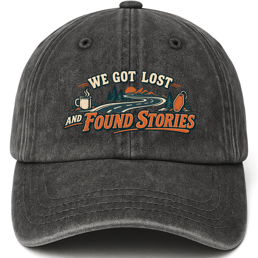Black vintage washed cap with We Got Lost And Found Stories printed front design