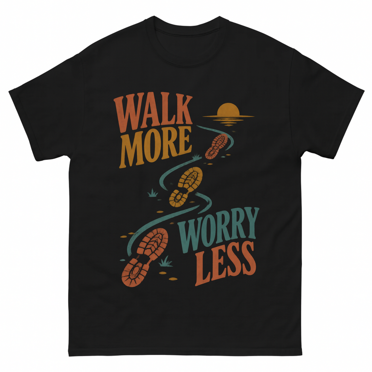 Black vintage t-shirt with Walk More. Worry Less printed front design