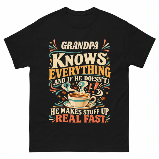 Black vintage t-shirt with Your Name Knows Everything Coffee printed front design
