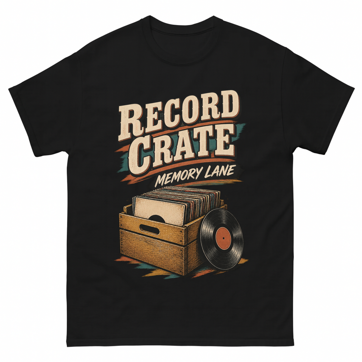 Black vintage t-shirt with Record Crate Memory Lane printed front design