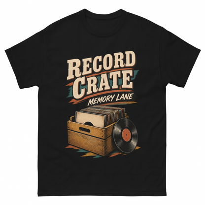 Black vintage t-shirt with Record Crate Memory Lane printed front design