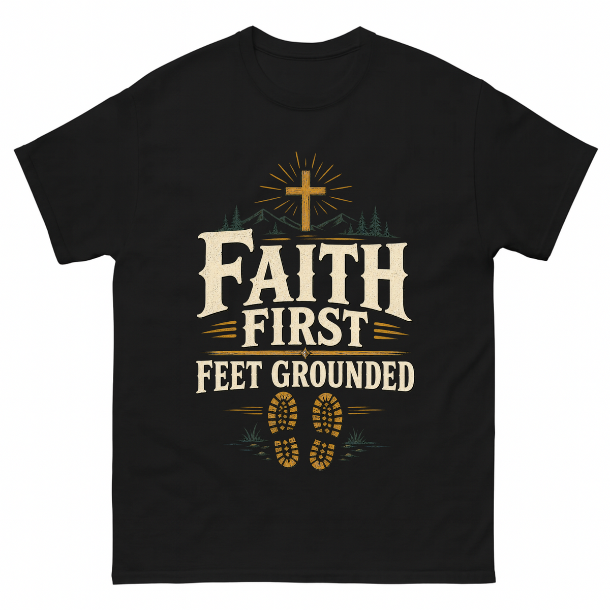 Black vintage t-shirt with Faith First Feet Grounded printed front design