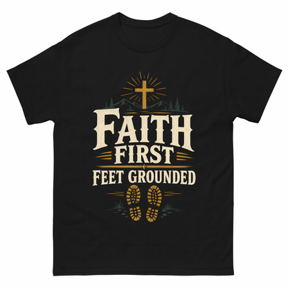 Black vintage t-shirt with Faith First Feet Grounded printed front design