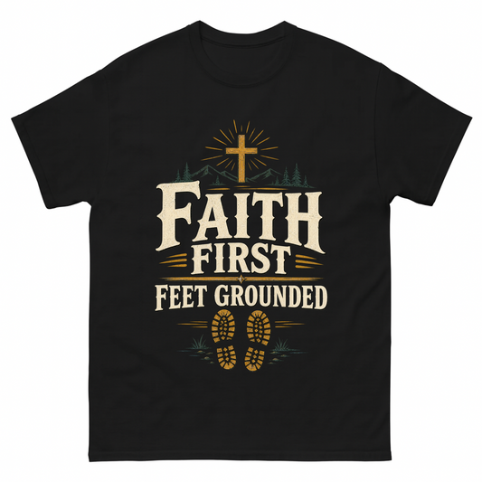 Black vintage t-shirt with Faith First Feet Grounded printed front design