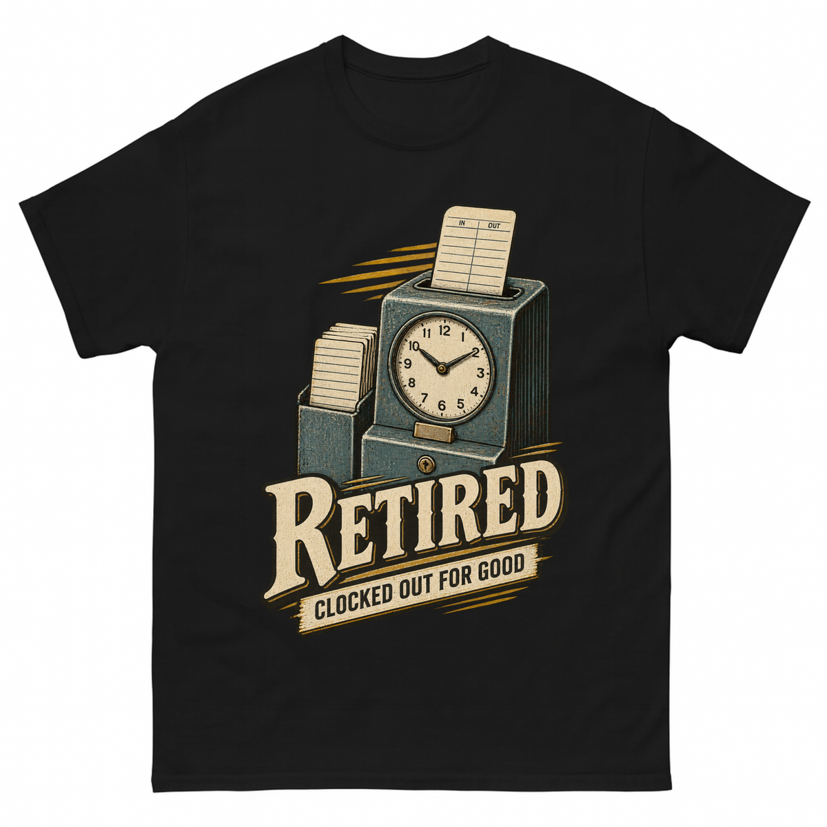 Black vintage t-shirt with Clocked Out For Good printed front design