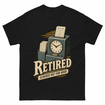 Black vintage t-shirt with Clocked Out For Good printed front design