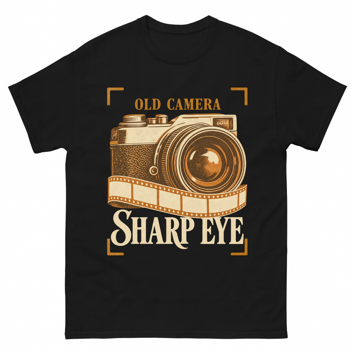 Black vintage t-shirt with Old Camera. Sharp Eye printed front design