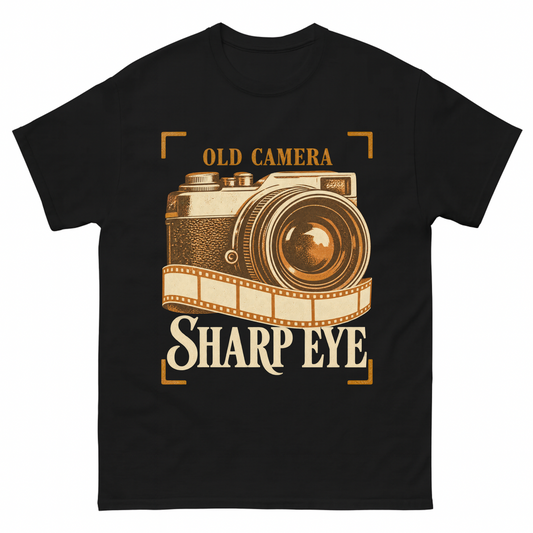 Black vintage t-shirt with Old Camera. Sharp Eye printed front design
