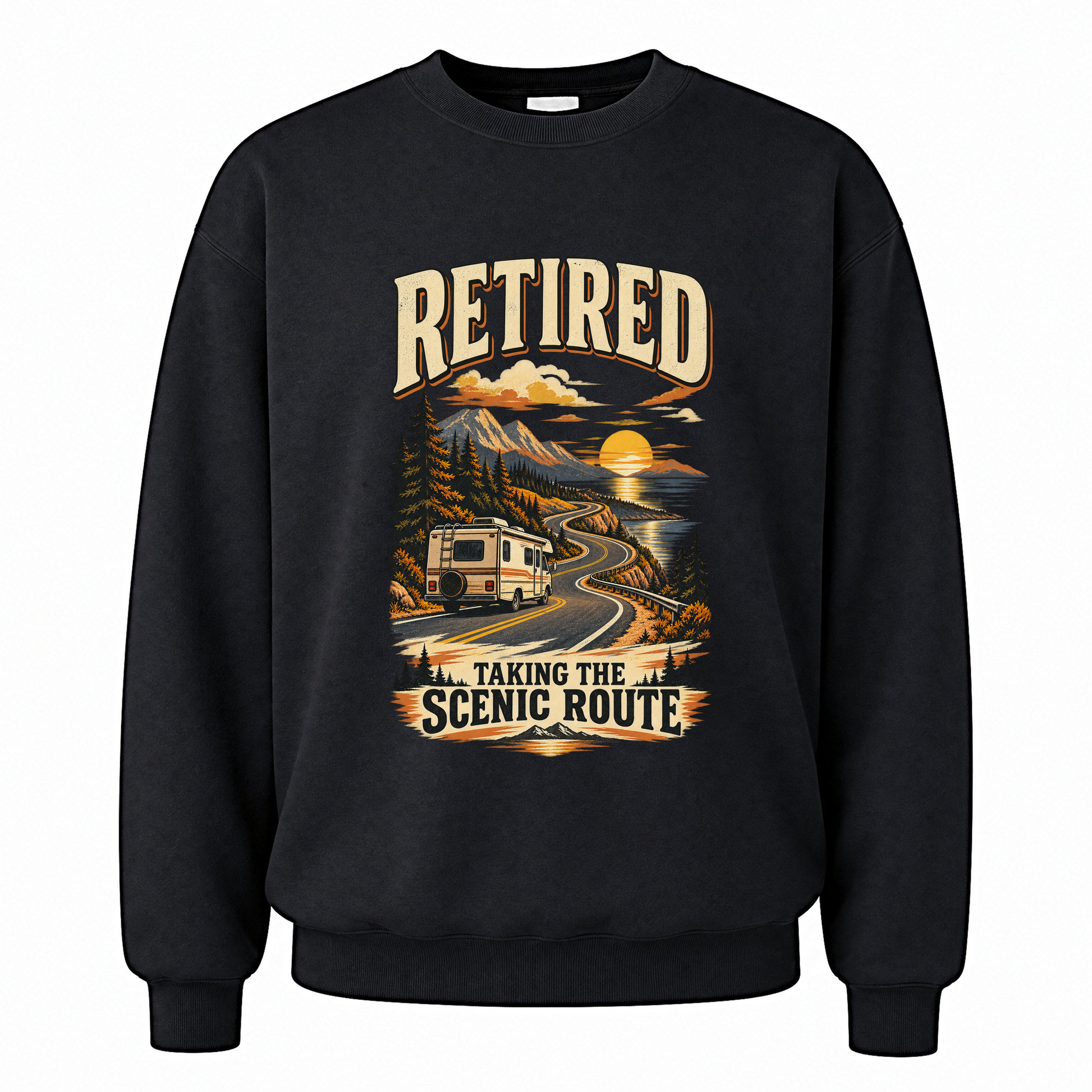 Black vintage sweatshirt with Retired Taking The Scenic Route printed front design