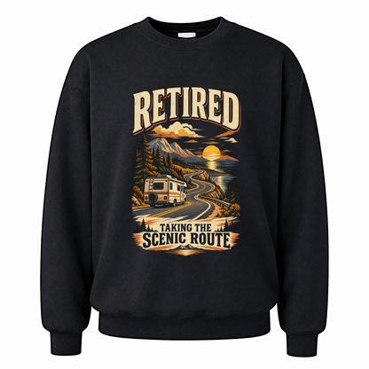 Black vintage sweatshirt with Retired Taking The Scenic Route printed front design