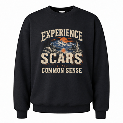 Black vintage sweatshirt with Experience Scars. Common Sense printed front design