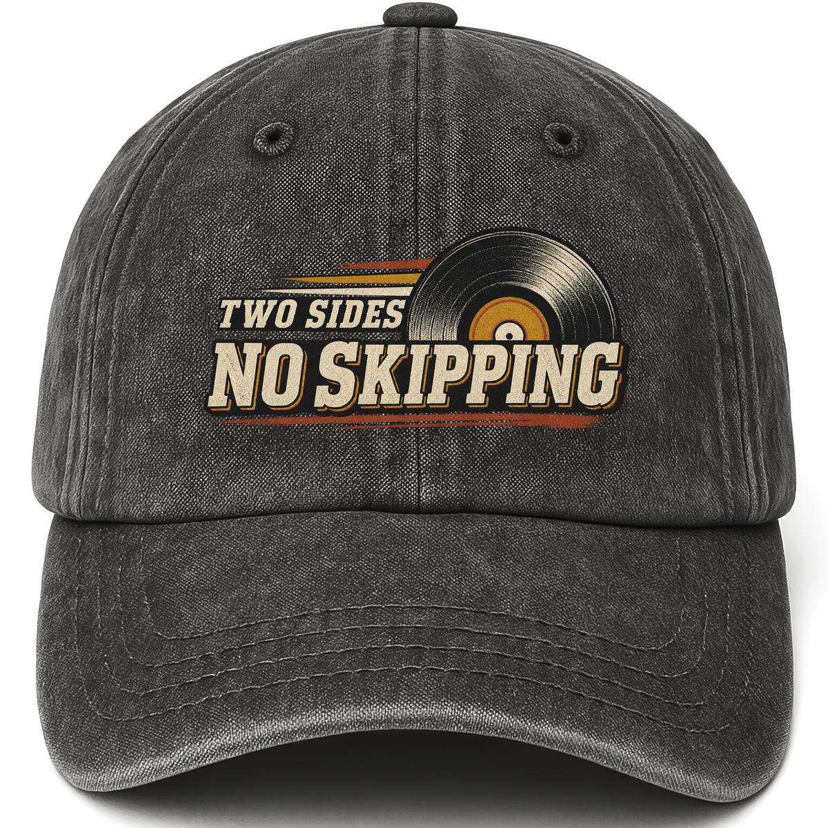 Black vintage washed cap with Two Sides. No Skipping printed front design