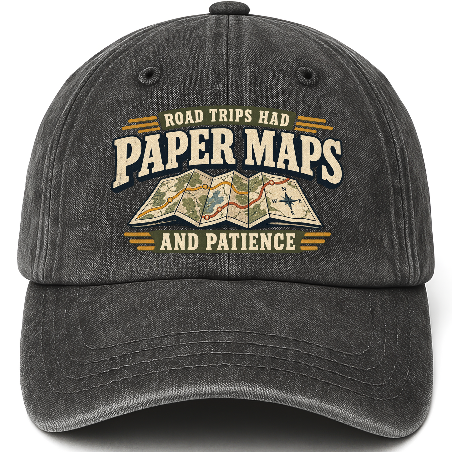 Black vintage washed cap with Road Trips Had Paper Maps And Patience printed front design