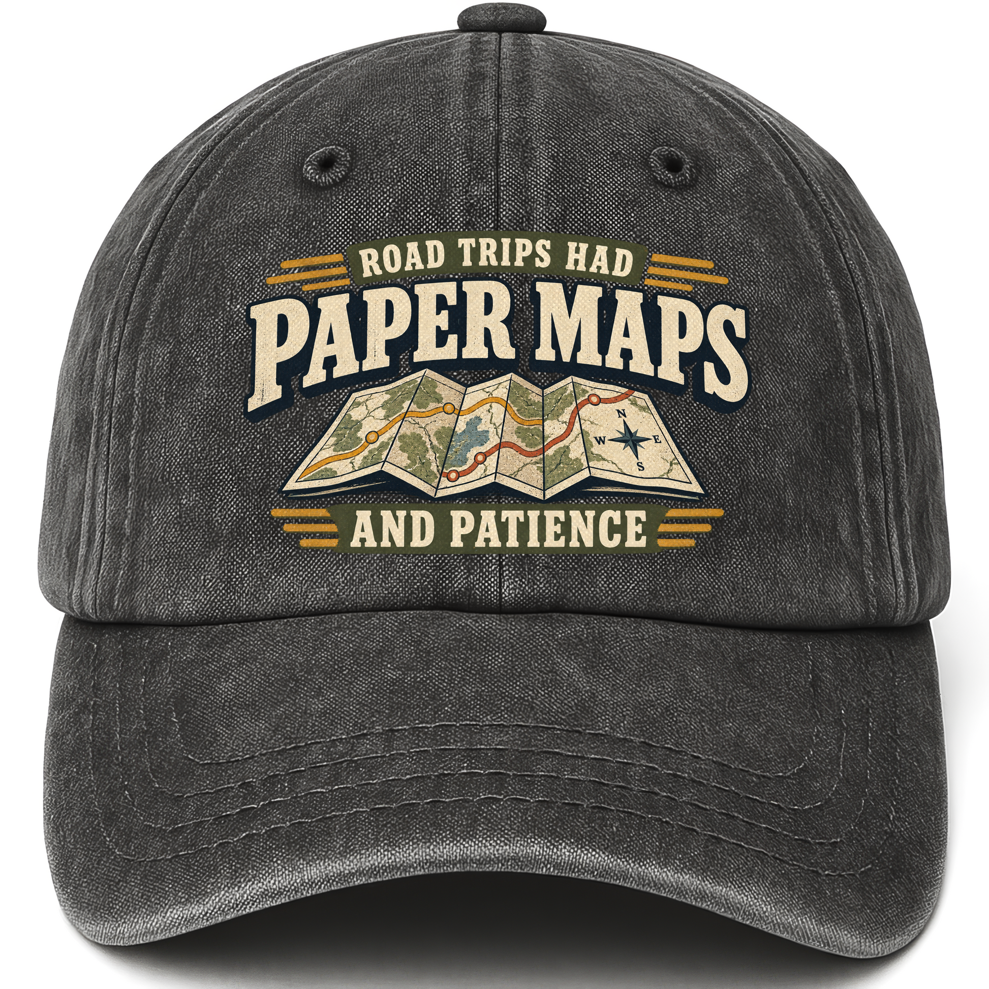 Black vintage washed cap with Road Trips Had Paper Maps And Patience printed front design