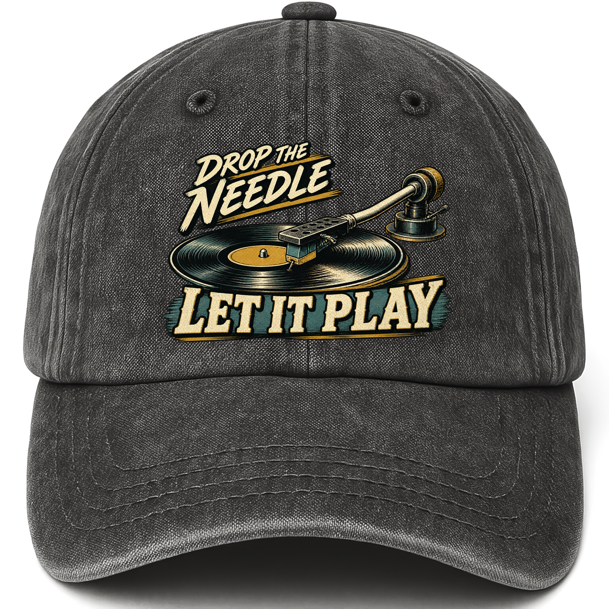 Black vintage washed cap with Drop The Needle. Let It Play printed front design