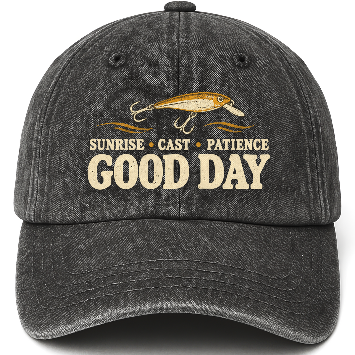 Black vintage washed cap with Sunrise • Cast • Patience. Good Day printed front design