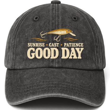 Black vintage washed cap with Sunrise • Cast • Patience. Good Day printed front design