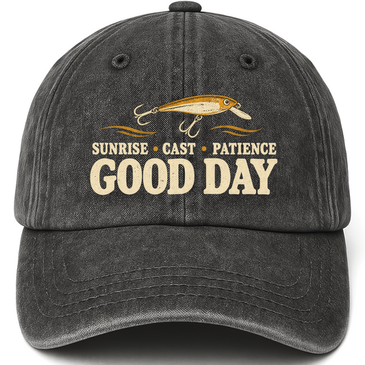 Black vintage washed cap with Sunrise • Cast • Patience. Good Day printed front design