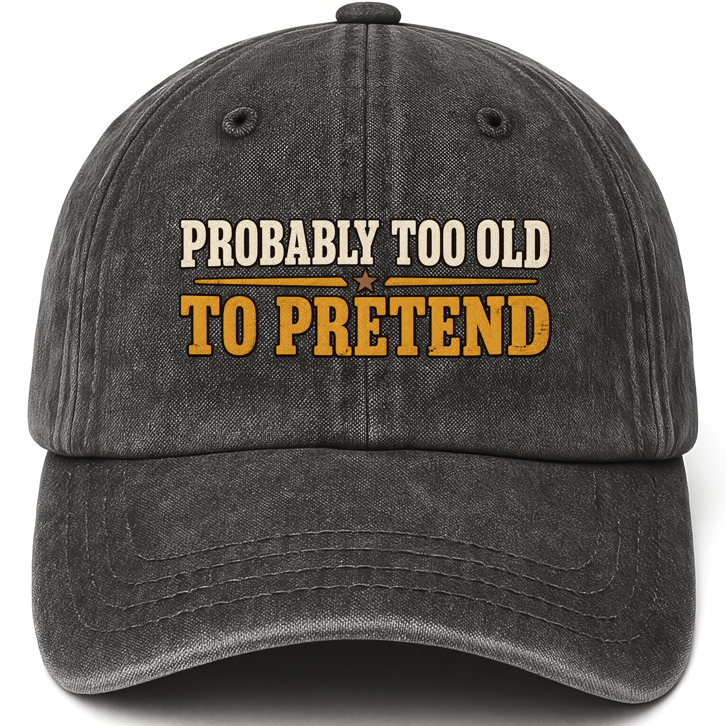 Black vintage washed cap with Probably Too Cold To Pretend printed front design