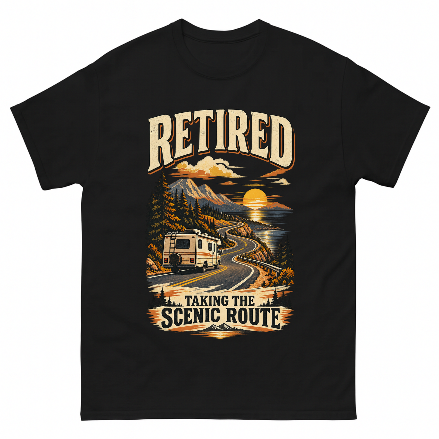 Black vintage t-shirt with Retired Taking The Scenic Route printed front design