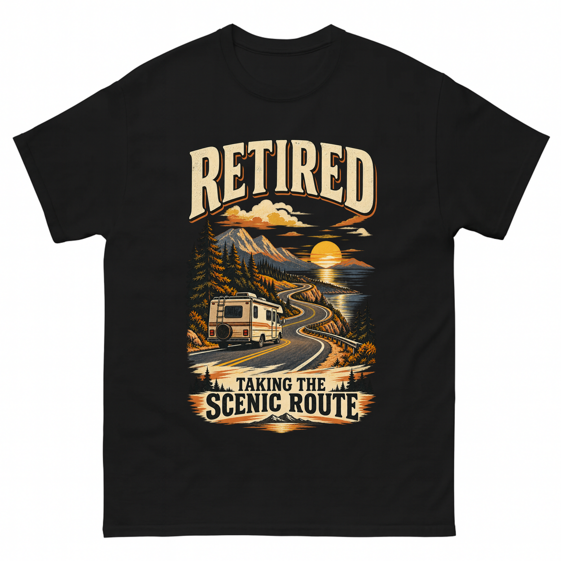 Black vintage t-shirt with Retired Taking The Scenic Route printed front design
