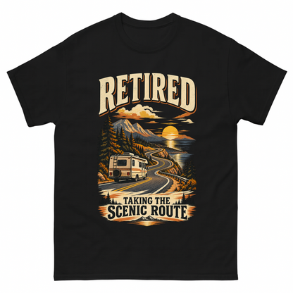 Black vintage t-shirt with Retired Taking The Scenic Route printed front design