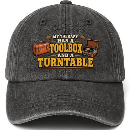 Black vintage washed cap with 33 toolbox and turntable ideogram 4x TRIM pad80 printed front design