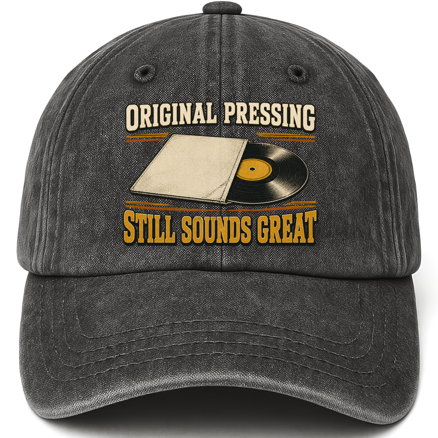 Black vintage washed cap with 43 original pressing ideogram 4x TRIM pad80 printed front design
