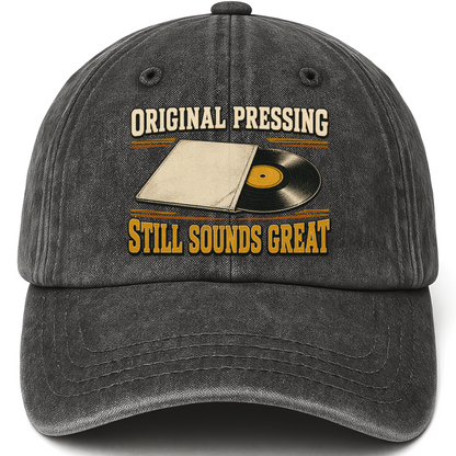 Black vintage washed cap with 43 original pressing ideogram 4x TRIM pad80 printed front design