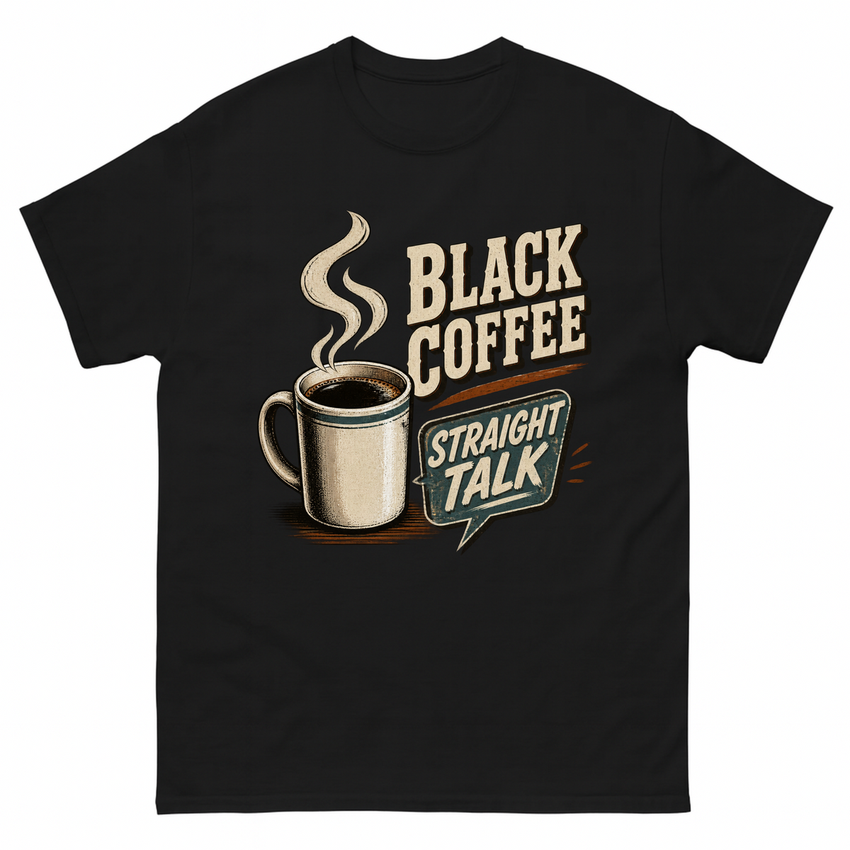 Black vintage t-shirt with Black Coffee. Straight Talk printed front design